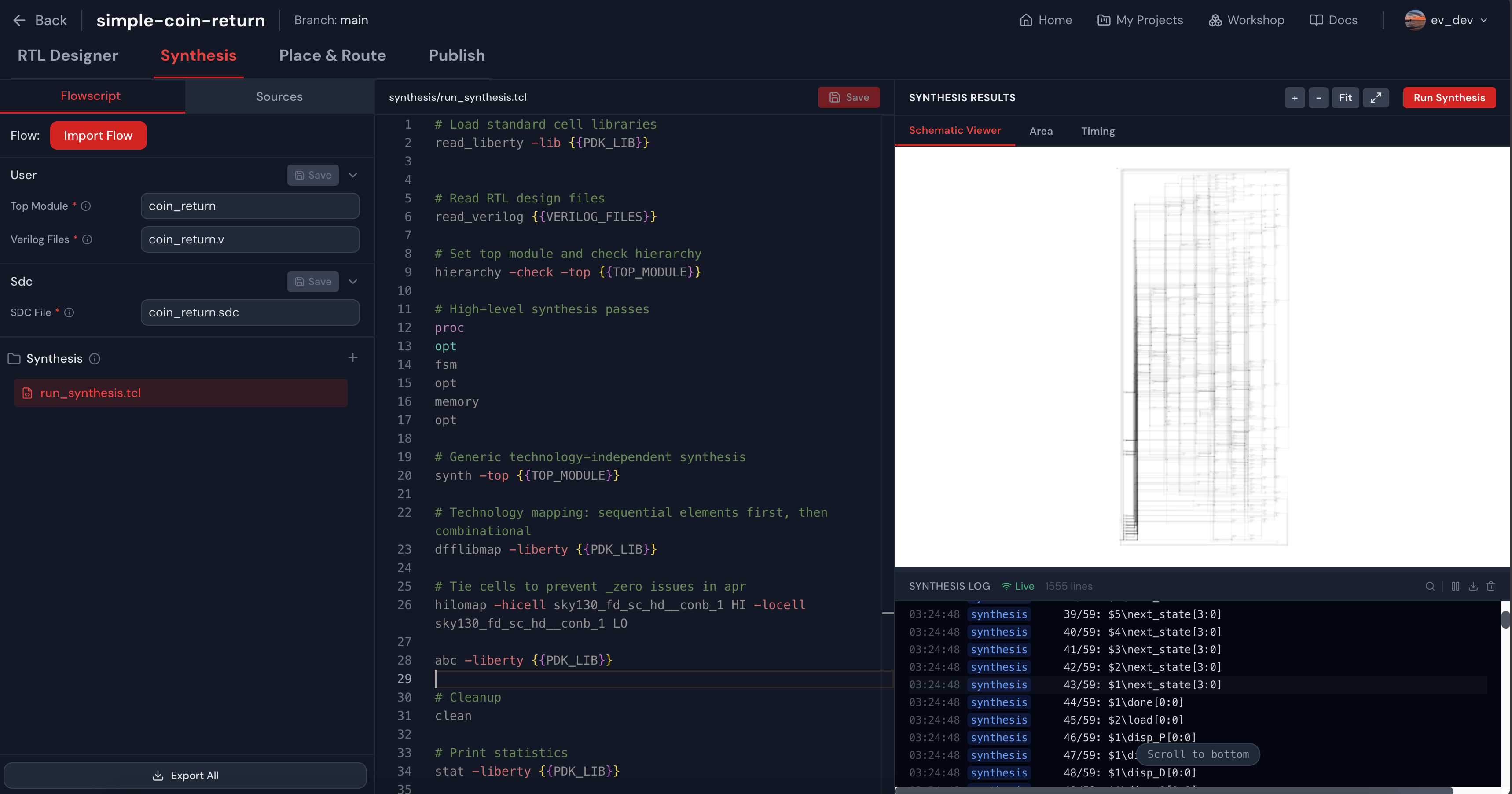Synthesis view with schematic viewer
